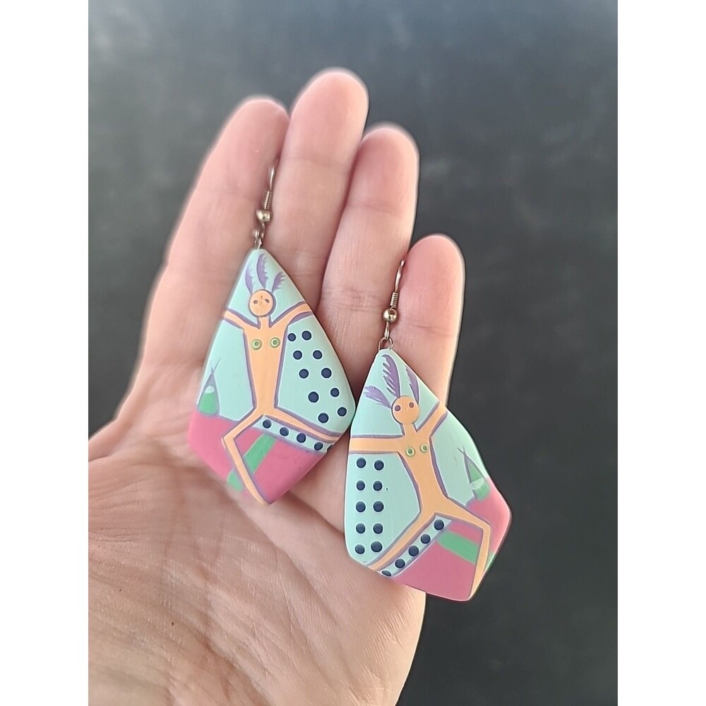 Bohemian Wooden Handpainted Dangling Earrings Vintage Costume Jewelry NOS